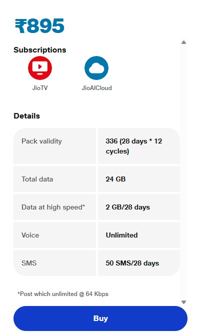 Jio ₹895 and 11 Month Validity Plan
