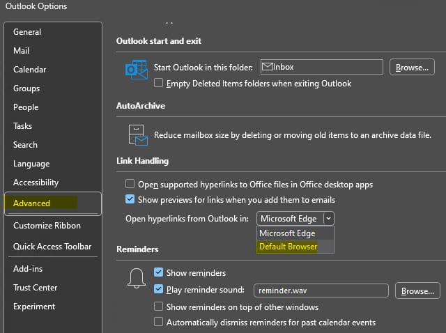 Use Outlook Settings To Change Default Browser