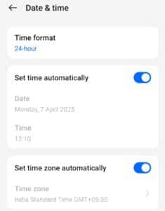 date and time settings