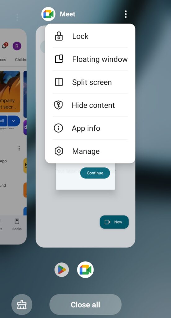 Split screen recent app menu