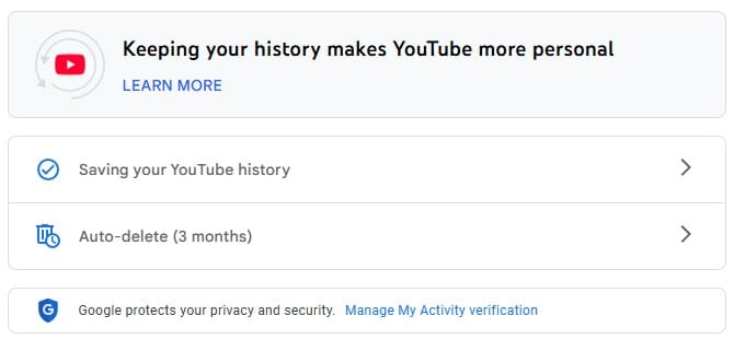 youtube history for data and privacy