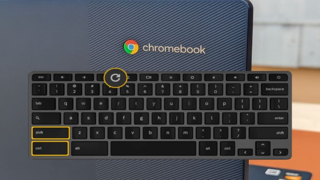 Chromebook keyboard showing Ctrl + Shift + Refresh keys
